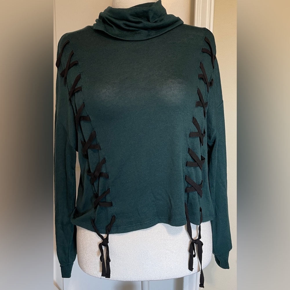 June & Hudson Dark Green Side Lace-Up Long Sleeve Top Grunge Academia Medium